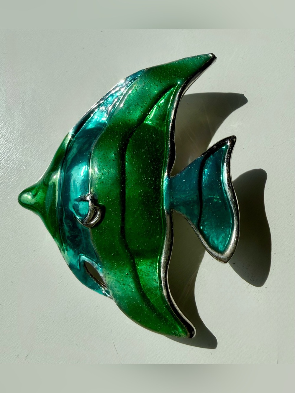 Vintage Enamel Angelfish Brooch Green & Turquoise Silver-Tone Tropical Fish Pin